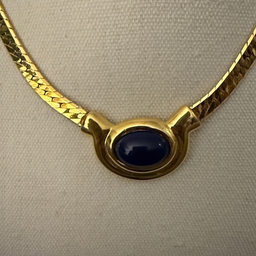 Vintage Napier Rare Gold Plated Herringbone Chain Necklace w/Blue Center Stone. - Picture 3 of 5